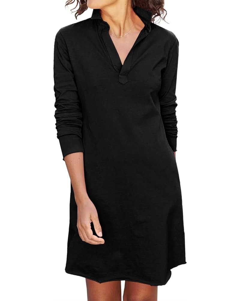 Women's Long Sleeve Mini Dress V Neck Loose Fit Plain Solid Color Casual Straight Shirt Dress Black $12.68 Dresses