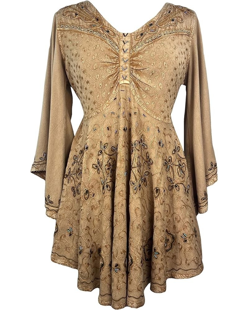 Women's Full Sleeve V Neck Embroidered Beaded Asymmetrical Flair Tunic Blouse Camel $37.77 Blouses