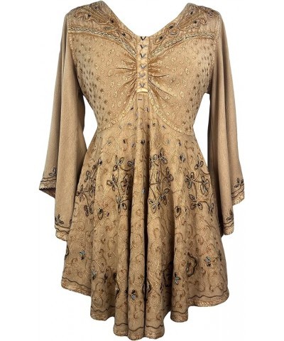 Women's Full Sleeve V Neck Embroidered Beaded Asymmetrical Flair Tunic Blouse Camel $37.77 Blouses