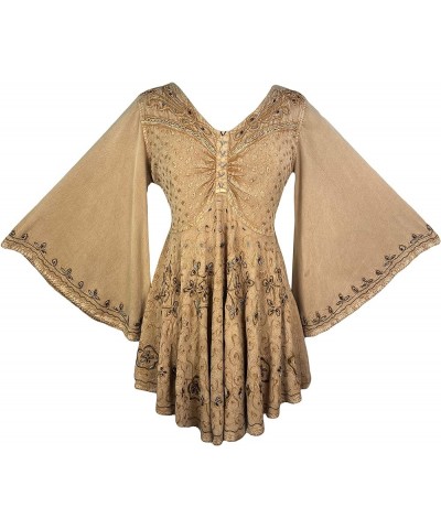 Women's Full Sleeve V Neck Embroidered Beaded Asymmetrical Flair Tunic Blouse Camel $37.77 Blouses