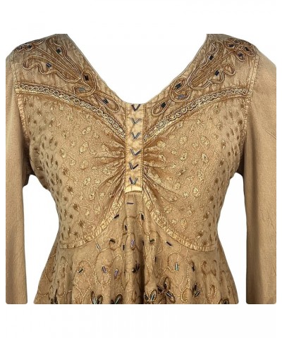 Women's Full Sleeve V Neck Embroidered Beaded Asymmetrical Flair Tunic Blouse Camel $37.77 Blouses