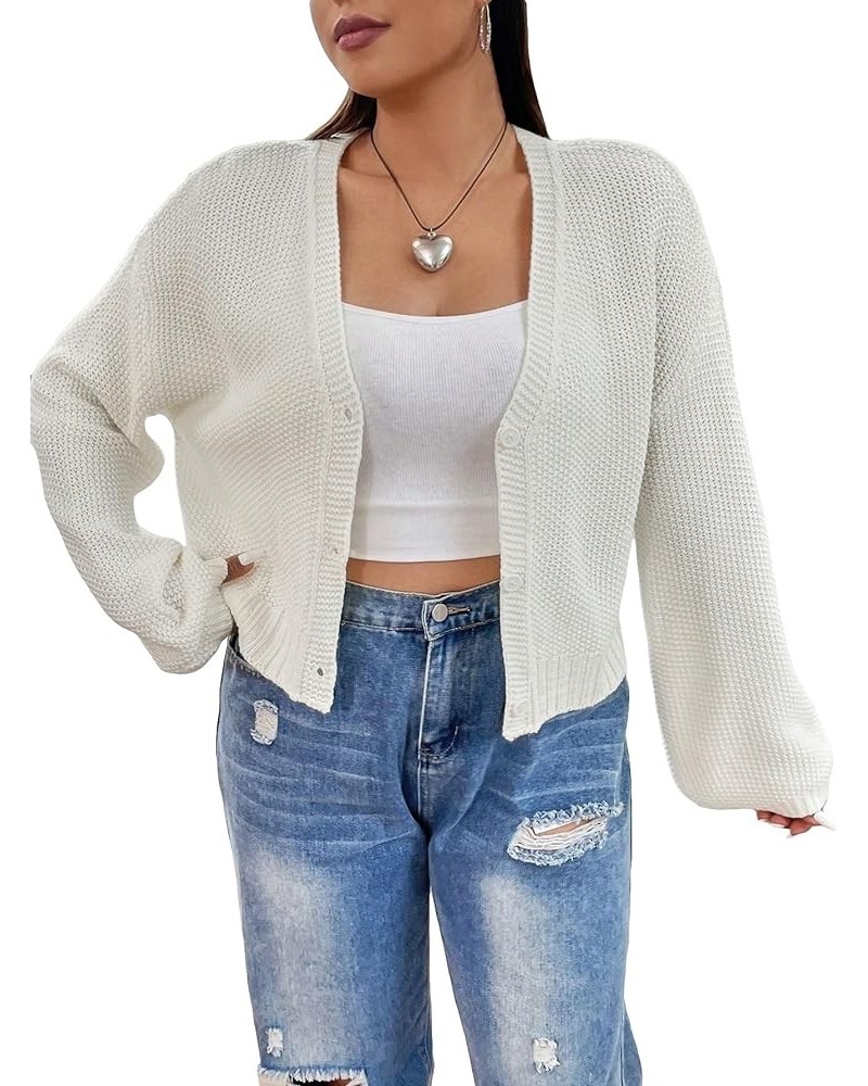 Women's Plus Size Waffle Knit V Neck Button Down Long Sleeve Cropped Cardigan Sweater White Plus $16.95 Sweaters