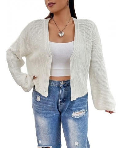 Women's Plus Size Waffle Knit V Neck Button Down Long Sleeve Cropped Cardigan Sweater White Plus $16.95 Sweaters