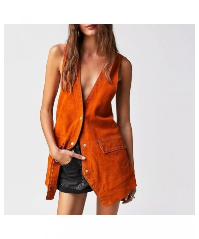 Women Suede Vest Sleeveless V-neck Waistcoat Jacket Button Cardigan Loose Outwear Gilet Tops Brown $11.25 Vests