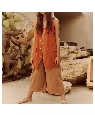 Women Suede Vest Sleeveless V-neck Waistcoat Jacket Button Cardigan Loose Outwear Gilet Tops Brown $11.25 Vests