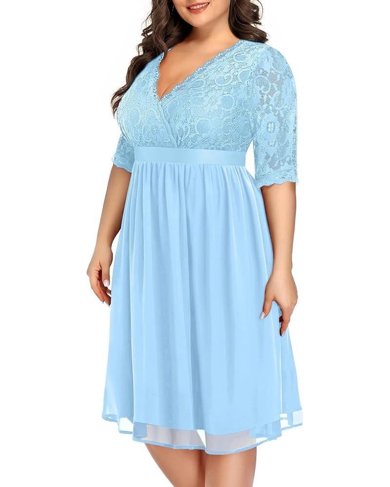 Plus Size Lace Chiffon Wrap V Neck Dresses Women Cocktail Wedding Guest Midi Dress Light Blue $28.80 Dresses