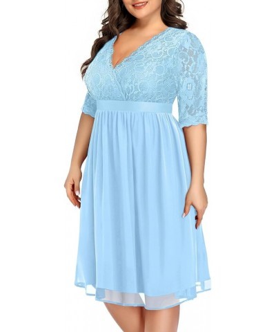 Plus Size Lace Chiffon Wrap V Neck Dresses Women Cocktail Wedding Guest Midi Dress Light Blue $28.80 Dresses