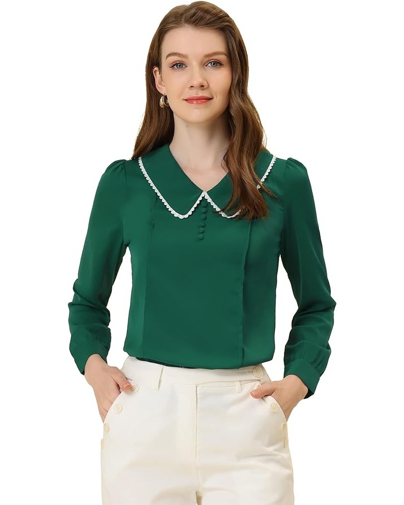 Women's Peter Pan Collar Shirt Crochet Trim Long Sleeve Vintage Blouse Dark Green $14.45 Blouses