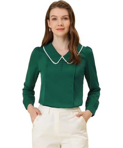 Women's Peter Pan Collar Shirt Crochet Trim Long Sleeve Vintage Blouse Dark Green $14.45 Blouses