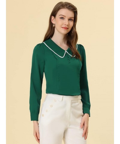 Women's Peter Pan Collar Shirt Crochet Trim Long Sleeve Vintage Blouse Dark Green $14.45 Blouses