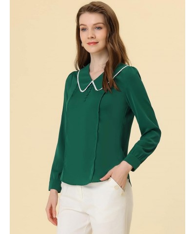 Women's Peter Pan Collar Shirt Crochet Trim Long Sleeve Vintage Blouse Dark Green $14.45 Blouses