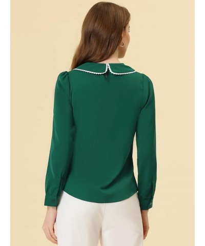 Women's Peter Pan Collar Shirt Crochet Trim Long Sleeve Vintage Blouse Dark Green $14.45 Blouses