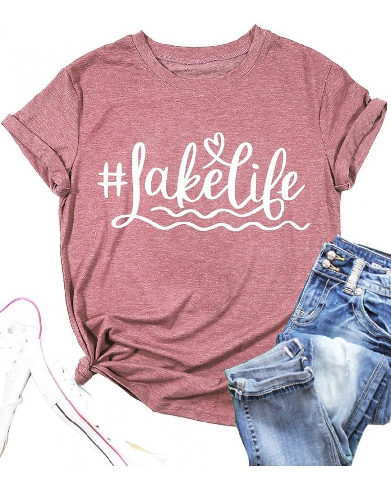 Lake Life Shirt Women Lake Graphic T Shirts Summer Vacation Beach Tshirt Casual Short Sleeve Tee Tops Pink $11.28 T-Shirts