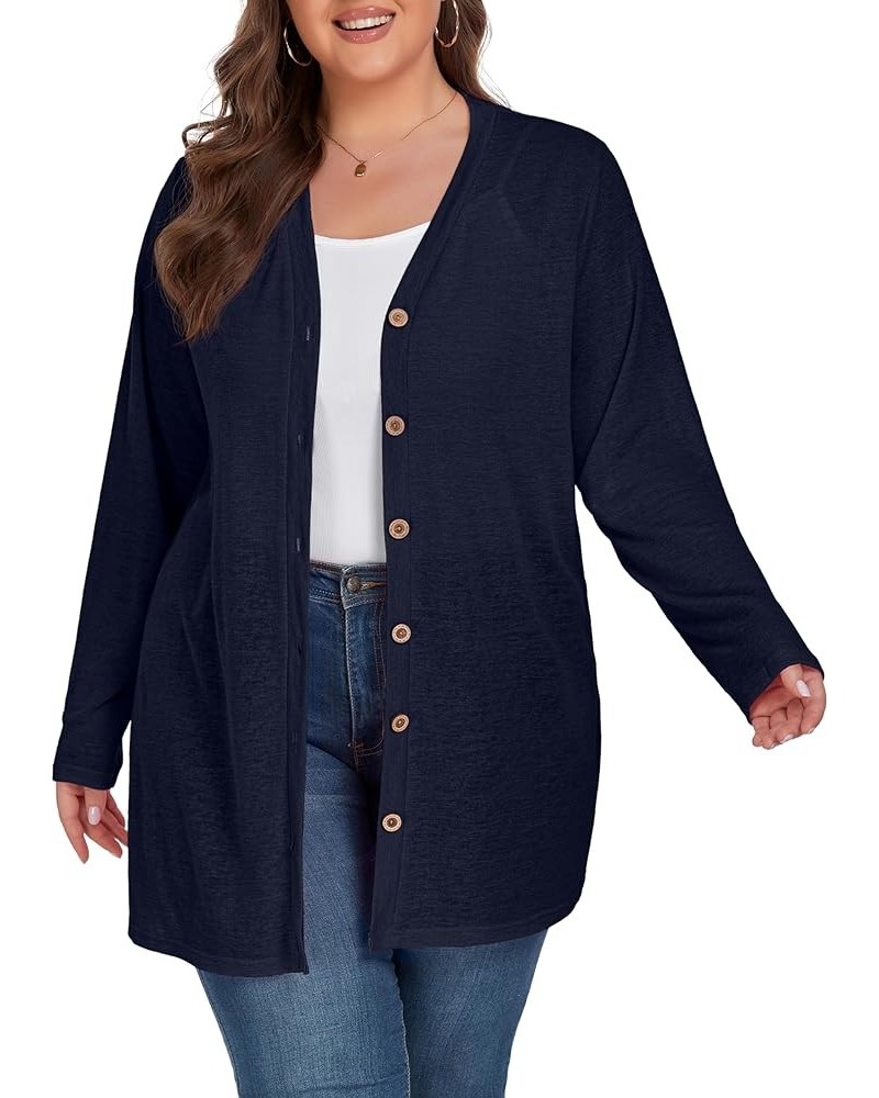 Plus Size Cardigan for Women Long Sleeve Open Front Lightweight Cardigans Button Down Sweaters Navy Blue $18.59 Sweaters