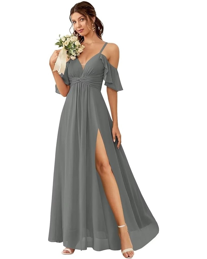 Off The Shoulder Bridesmaid Dresses for Women with Slit A Line Chiffon Long Formal Party Dress with Pockets DE01 Steel Grey $...