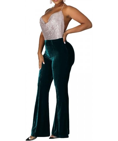 Women's Casual High Waist Velvet Elastic Waist Wide Leg Palazzo Pants Slim Fit Flare Trousers Long Pants Sweatpant Dark Green...