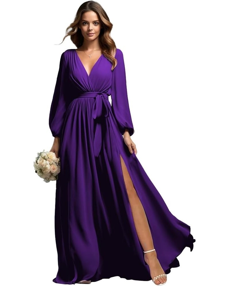 Long Sleeve Chiffon Bridesmaid Dresses for Wedding with Slit V-Neck Prom Dress Pleated Wedding Party Gown Purple $43.19 Dresses