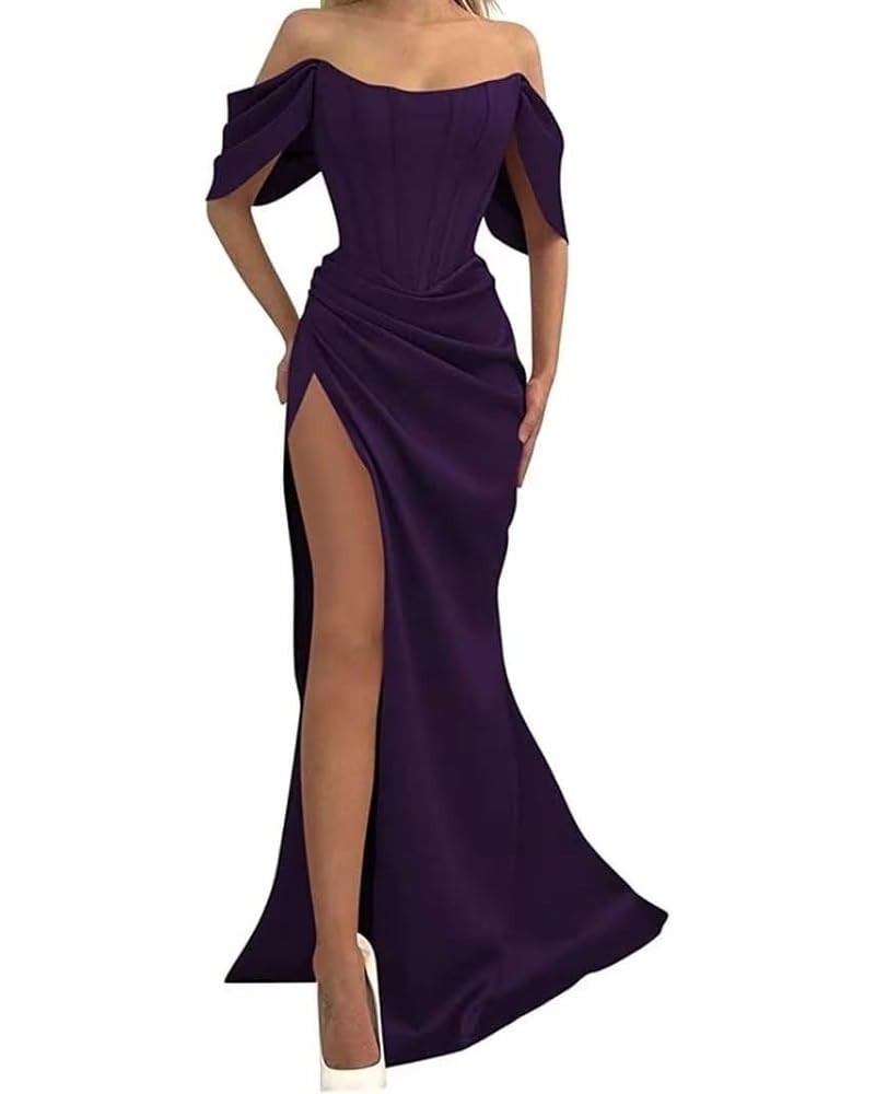 Off The Shoulder Prom Dress Mermaid Ruched Satin Bridesmaid Dresses for Wedding Slit Evening Gowns Plum $33.56 Dresses