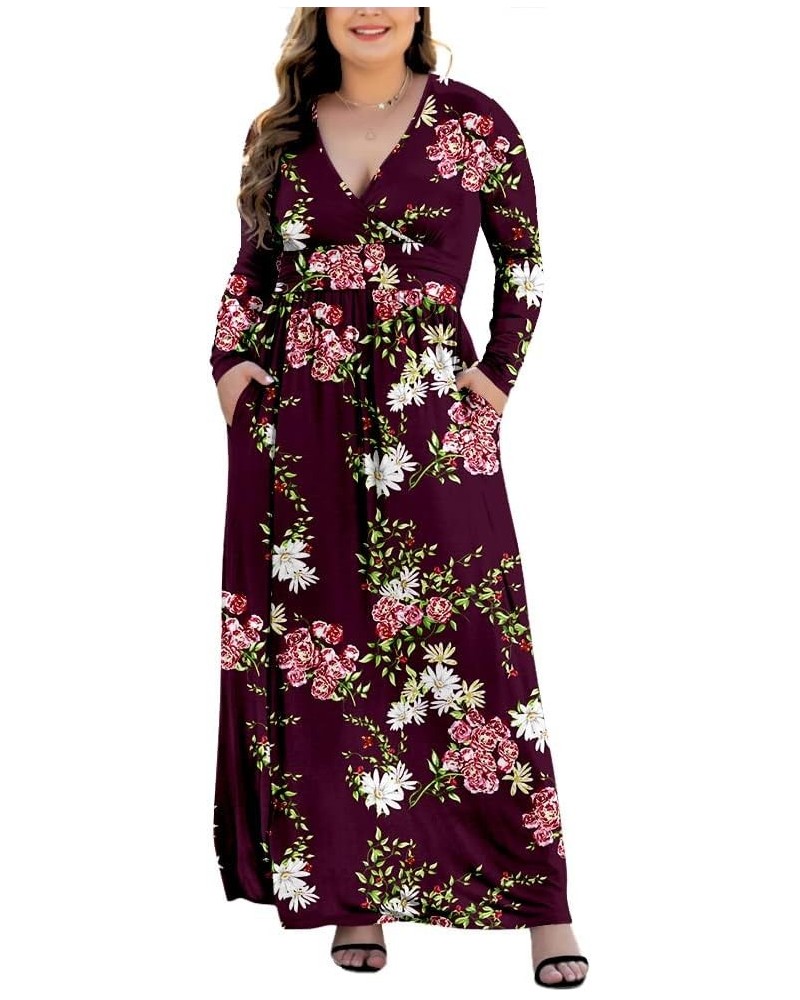 Women's L-5XL Long Sleeve V-Neck Plus Size Casual Maxi Dresses with Pockets Long Sleeve Floral Wine $25.64 Dresses