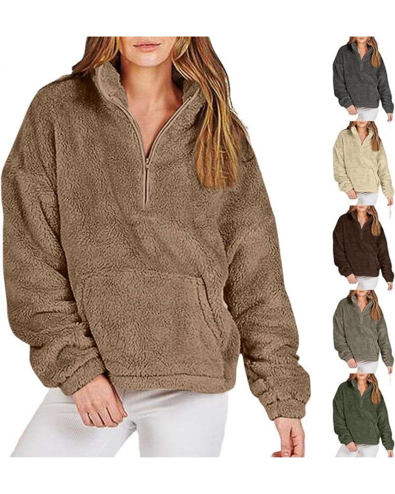 Women Sherpa Pullover Half Zip Fuzzy Fleece Oversized Sweatshirt Long Sleeve Fluffy Quarter Zip Pullover with Pocket A-lightb...