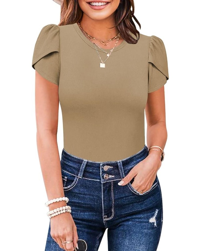 Womens Summer Short Sleeve Bodysuits Crew Neck Ribbed Petal Sleeve Stretchy Slim Fit Leotards Tops Khaki $16.63 Bodysuits