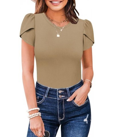 Womens Summer Short Sleeve Bodysuits Crew Neck Ribbed Petal Sleeve Stretchy Slim Fit Leotards Tops Khaki $16.63 Bodysuits