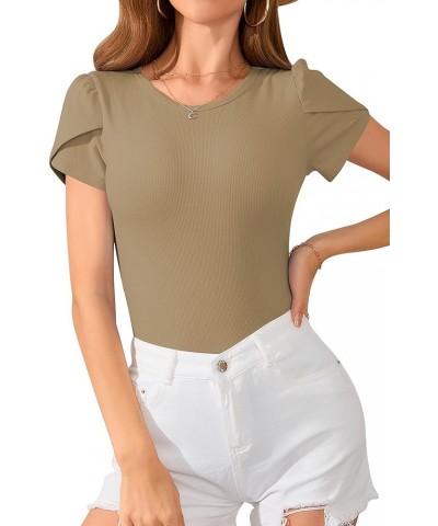 Womens Summer Short Sleeve Bodysuits Crew Neck Ribbed Petal Sleeve Stretchy Slim Fit Leotards Tops Khaki $16.63 Bodysuits