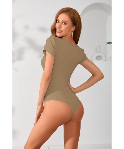 Womens Summer Short Sleeve Bodysuits Crew Neck Ribbed Petal Sleeve Stretchy Slim Fit Leotards Tops Khaki $16.63 Bodysuits