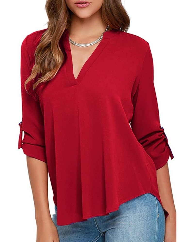 Womens Long Cuffed Sleeve Notch V Neck Chiffon Solid Color Tops Blouse Red $12.47 Tops