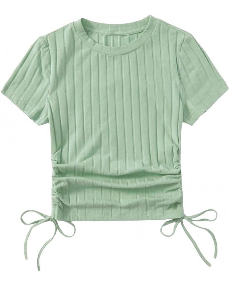 Women's Drawstring Shirt Ribbed Crop Top Short Sleeve Ruched Tee Mint Green $11.79 T-Shirts