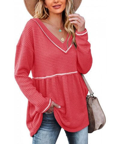 Womens V Neck Waffle Tunic Top Long Sleeve Peplum Pullover Babydoll Casual Flowy Swing Tshirts Pullover Sweaters Red $17.49 S...