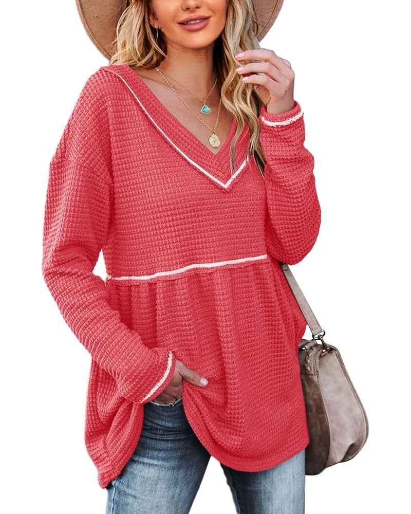 Womens V Neck Waffle Tunic Top Long Sleeve Peplum Pullover Babydoll Casual Flowy Swing Tshirts Pullover Sweaters Red $17.49 S...