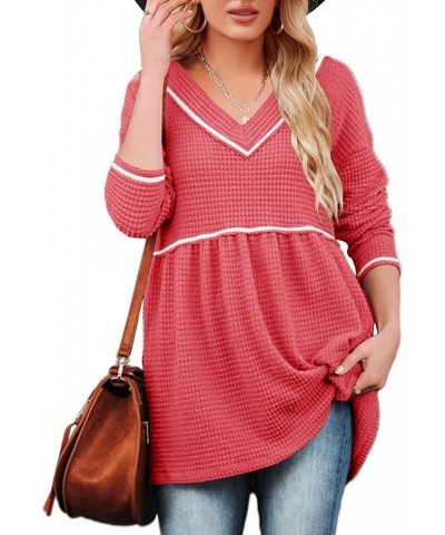 Womens V Neck Waffle Tunic Top Long Sleeve Peplum Pullover Babydoll Casual Flowy Swing Tshirts Pullover Sweaters Red $17.49 S...