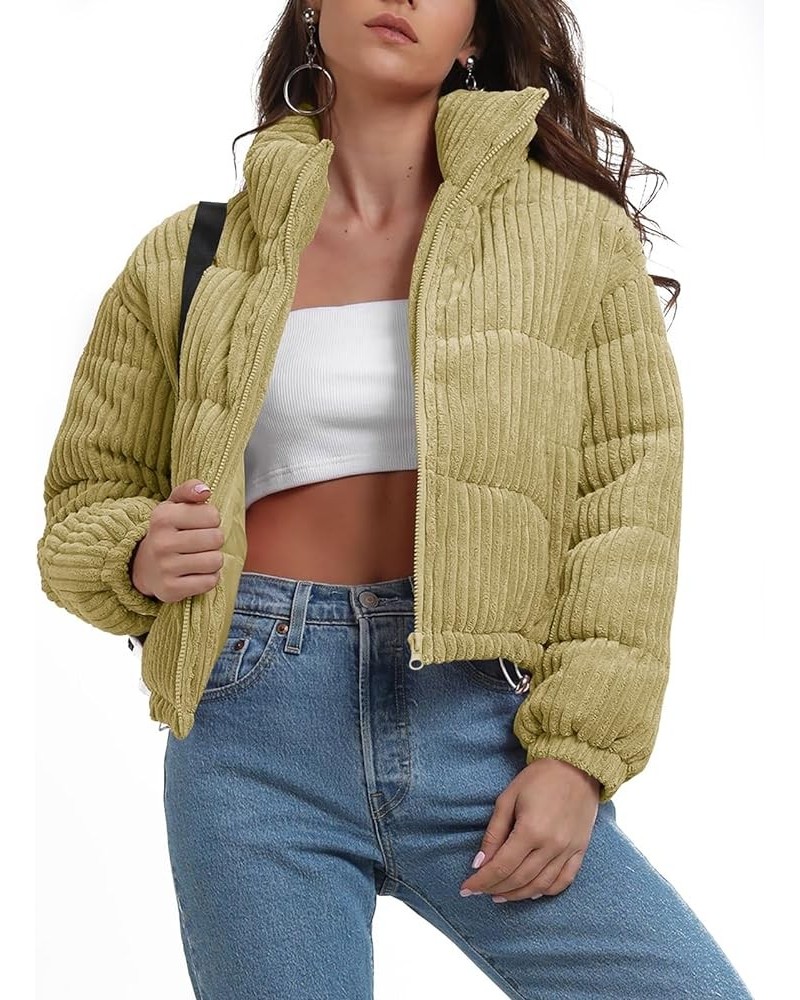 Women's Winter Corduroy Cropped Puffer Jacket Warm Long Sleeve Zip Up Stand Collar Short Down Coats Olive Green $24.49 Jackets