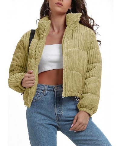 Women's Winter Corduroy Cropped Puffer Jacket Warm Long Sleeve Zip Up Stand Collar Short Down Coats Olive Green $24.49 Jackets