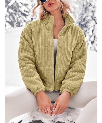 Women's Winter Corduroy Cropped Puffer Jacket Warm Long Sleeve Zip Up Stand Collar Short Down Coats Olive Green $24.49 Jackets