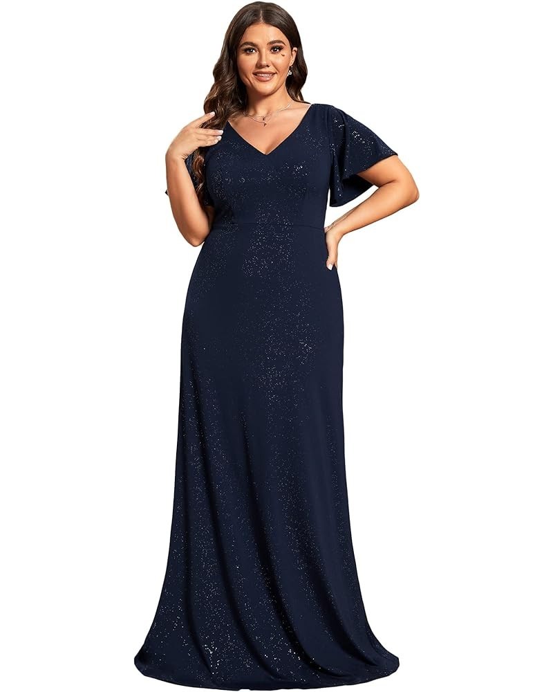 Plus Size Women's V-Neck Short Sleeves Empire A-line Ruffle Formal Dress 00023-DM B:navy Blue $34.67 Dresses