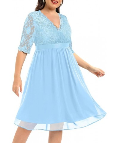 Plus Size Lace Chiffon Wrap V Neck Dresses Women Cocktail Wedding Guest Midi Dress Light Blue $28.80 Dresses