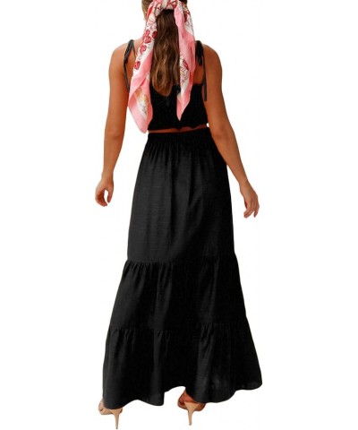 Women 2Piece Long Skirt Outfit Y2k Sleeveless Crop Cami Tank Top Midi Skirt Set Summer Going Out Matching Suiting Flowy Black...