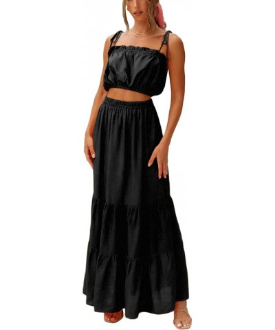 Women 2Piece Long Skirt Outfit Y2k Sleeveless Crop Cami Tank Top Midi Skirt Set Summer Going Out Matching Suiting Flowy Black...