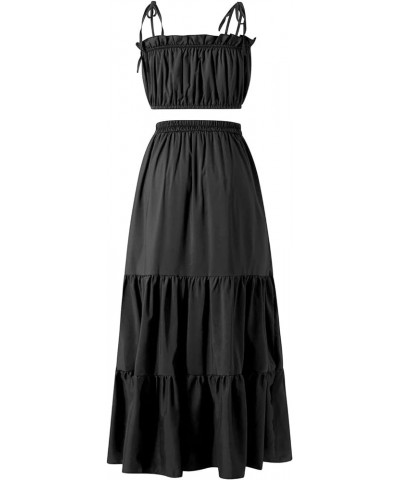 Women 2Piece Long Skirt Outfit Y2k Sleeveless Crop Cami Tank Top Midi Skirt Set Summer Going Out Matching Suiting Flowy Black...