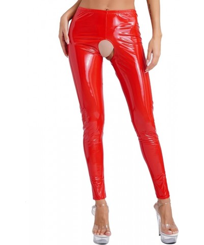 Women's Wetlook Leather Leggings Elastic Waistband Cutout Tights Pants High-Waisted Trousers Red $9.52 Leggings