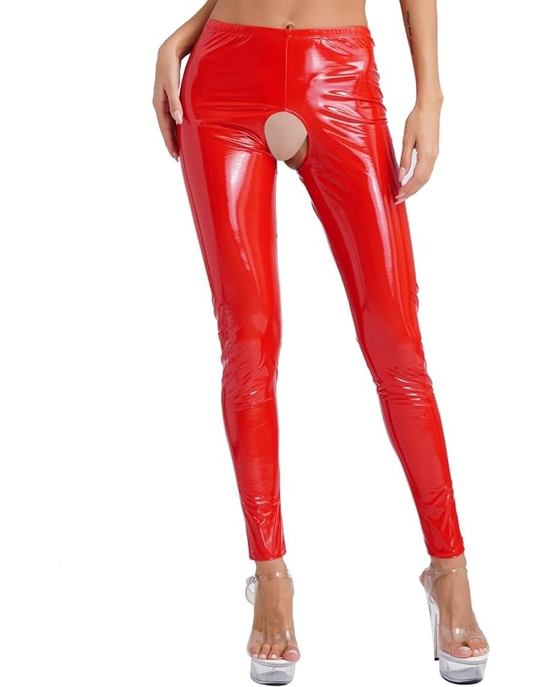 Women's Wetlook Leather Leggings Elastic Waistband Cutout Tights Pants High-Waisted Trousers Red $9.52 Leggings