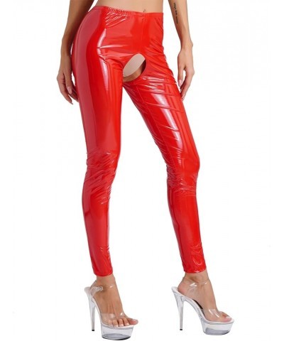 Women's Wetlook Leather Leggings Elastic Waistband Cutout Tights Pants High-Waisted Trousers Red $9.52 Leggings