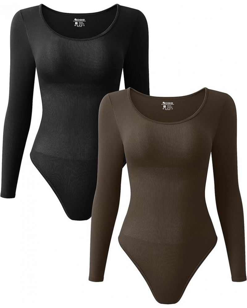 Women's 2 Piece Bodysuits Sexy Ribbed One Piece Long Sleeve Crew Neck Tops Bodysuits Black,darkbrown $15.96 Bodysuits