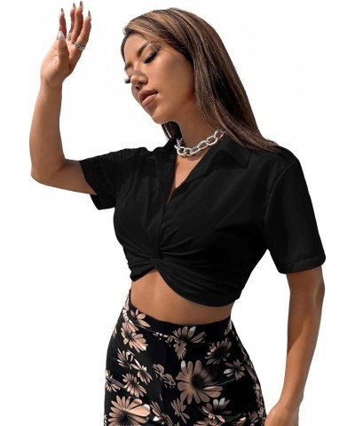 Women's Casual Short Sleeve Collar Twist Front Button Down Blouse Crop Top Solid Black $16.00 Blouses