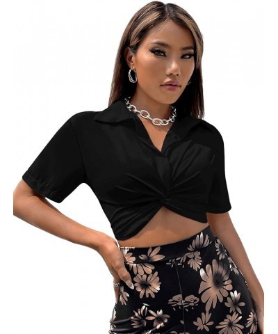 Women's Casual Short Sleeve Collar Twist Front Button Down Blouse Crop Top Solid Black $16.00 Blouses