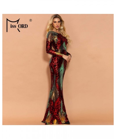 Women Long Sleeve Backless Sequin Gown Female Maxi Elegant Dress Red $43.55 Dresses