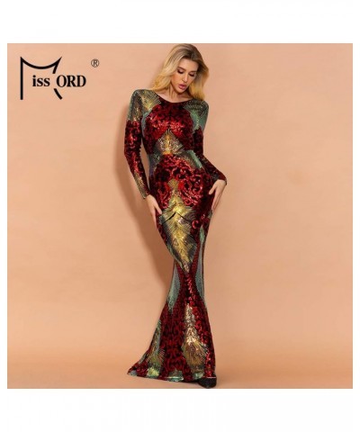 Women Long Sleeve Backless Sequin Gown Female Maxi Elegant Dress Red $43.55 Dresses