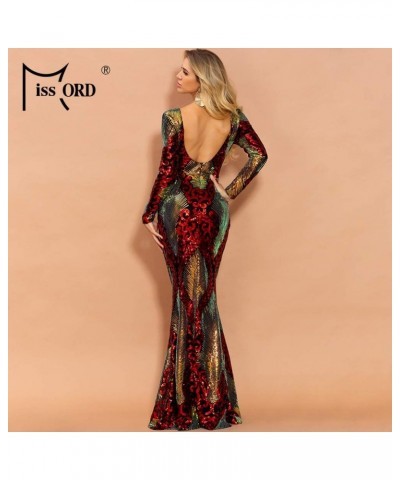 Women Long Sleeve Backless Sequin Gown Female Maxi Elegant Dress Red $43.55 Dresses